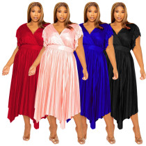 V-neck ruffle sleeve pleated oversized dress long skirt