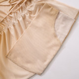 Solid casual drawstring pleated pocket mesh slim fitting long skirt