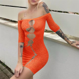 Hollow out one line neck knitted high waisted tight wrap buttocks dress