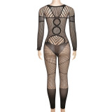 Hollow out fishing net knitted fun casual tight jumpsuit