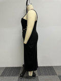 Solid color buttocks wrapped mesh off shoulder split hollow perspective pin embellishment dress