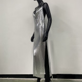 Sequin Long Dress Nightclub Split Metal Sequin Strap Dress