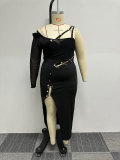 Solid color buttocks wrapped mesh off shoulder split hollow perspective pin embellishment dress
