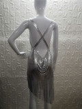 V-Neck Strap Open Back Metal Strap Tassel Dress