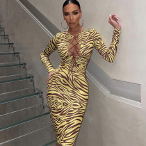 Printed Hollow Long Sleeve Slim Fit Dress