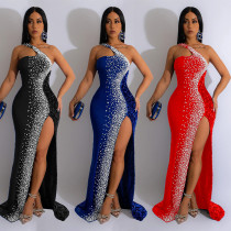 Solid color hot diamond sequin sleeveless long dress