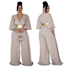 V-neck loose oversized chubby wide leg jumpsuit printed pants