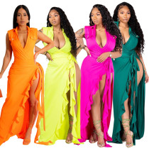 Deep V-neck Irregular High Split Dress Sleeveless Solid Color Long Dress