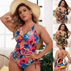 One piece oversized bikini print gathered and hollowed out tight swimsuit