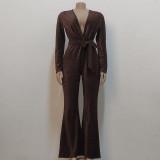 V-neck high elastic bright silk women's jumpsuit