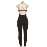 Hollow Perspective Hanging Neck High Waist Tight Knitted One Piece Pants