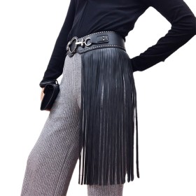 Punk style ultra long tassel skirt with waistband, rivet wide waistband