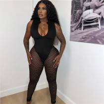 Perspective fishing net hollowed out solid color high waisted tight casual jumpsuit