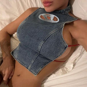Denim neck hanging sleeveless lace up slim fitting casual top