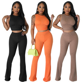 Casual set of two solid color pit stripe sleeveless micro flared pants