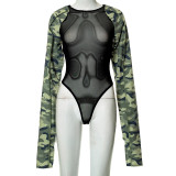 Round neck mesh patchwork camouflage long sleeved T-shirt jumpsuit