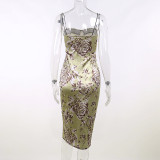 Printed strap dress with lace hem