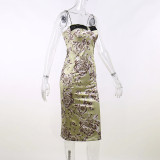 Printed strap dress with lace hem