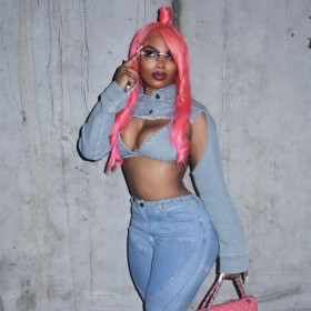 Denim Wash Chest Wrap Top Two Piece Set