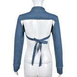 Washed lapel open waist lace up denim jacket