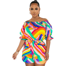 Colorful printed off shoulder loose jumpsuit