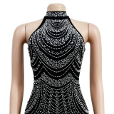 Solid color hot diamond sleeveless neck hanging short skirt dress