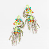 Rhinestone earrings, fluorescent green exaggerated tassel earrings
