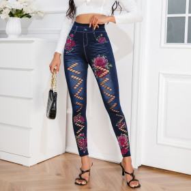 High elasticity tight fitting distressed casual printed imitation jeans