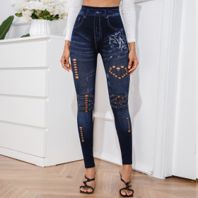 High elasticity tight fitting distressed casual printed imitation jeans