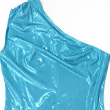 Slanted shoulder solid color slim fitting jumpsuit casual