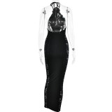 Hanging Neck Dress Tight Spliced Perspective Round Neck One Step Dress