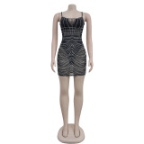 Solid color suspender sleeveless mesh hot diamond short skirt dress