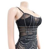 Solid color suspender sleeveless mesh hot diamond short skirt dress