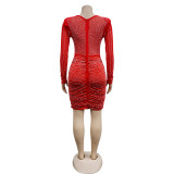 Solid color mesh hot diamond temperament short skirt dress