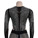 Solid mesh hot diamond long sleeved jumpsuit