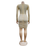Solid color mesh hot diamond temperament short skirt dress