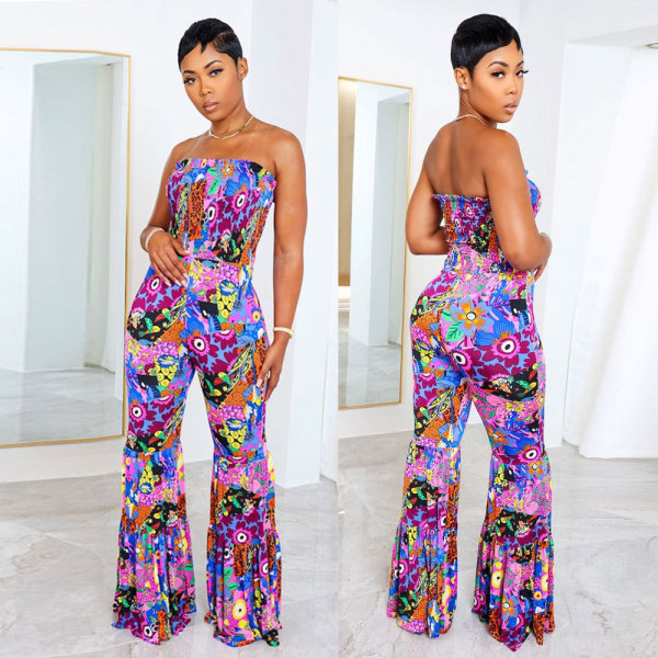 Printed oversized lace up jumpsuit flared pants
