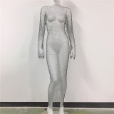 Mesh rhinestone dress with hollowed out long sleeved fishing net dress