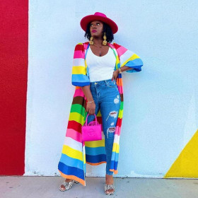 Oversized positioning printed rainbow color long flowing cardigan jacket