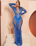 Perforated tight fitting buttock wrap dress with hot diamond print long skirt