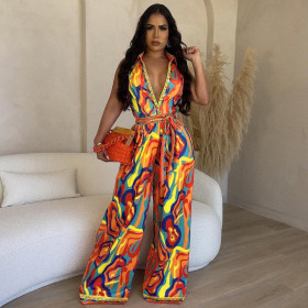 Ethnic style sleeveless positioning printed wide leg jumpsuit
