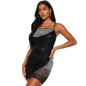 Hanging Strap Hot Diamond Wrap Hip A-line Dress Nightclub Style Sequins