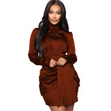 Long sleeved high neck dress satin short skirt