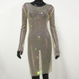 Hot Diamond Stretch Dress Party Fishing Net Long Sleeve Dress
