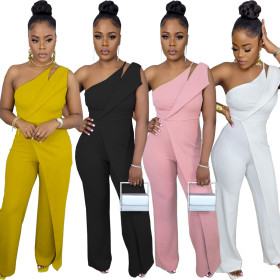 Casual One Shoulder Back Invisible Zipper Sleeveless Wide Leg Jumpsuit