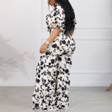 Printed collar with ruffled edges, wide leg straps, high waisted V-neck, oversized set