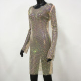 Hot Diamond Stretch Dress Party Fishing Net Long Sleeve Dress