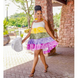 Gradient printed multi-color suspender sleeveless short skirt dress