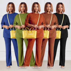Split 7/4 Sleeve T-shirt Loose Straight Drop Long Pants Set of 2