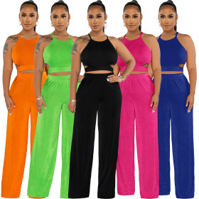 Hanging Neck Cross Strap Solid Color Wide Leg Pants Two Piece Set